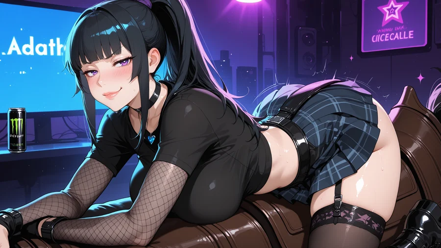TifaChan turns toward the viewer in her violet and blue gaming studio.