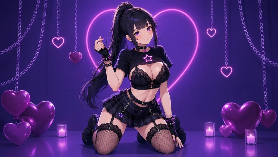 TifaChan kneels in a purple room surrounded by glowing hearts, balloons, and candles.