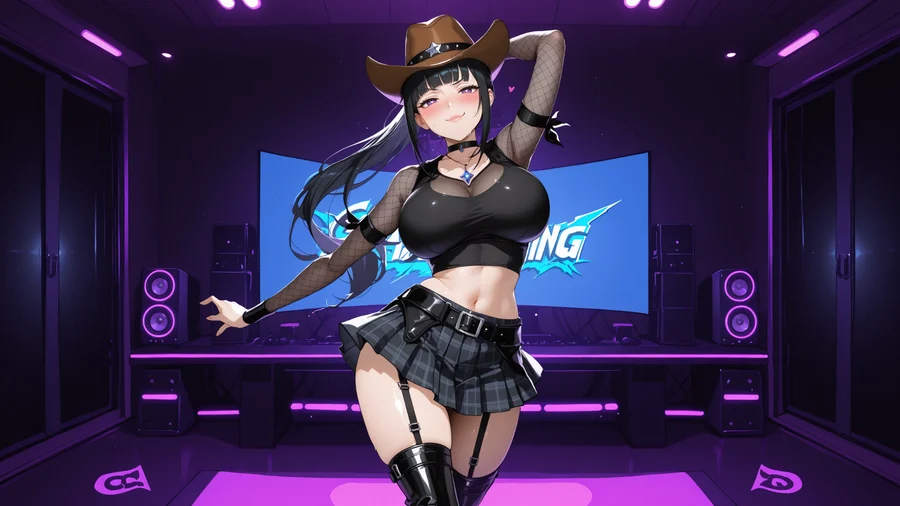 TifaChan in a brown cowboy hat and black outfit, standing in her violet-lit studio.