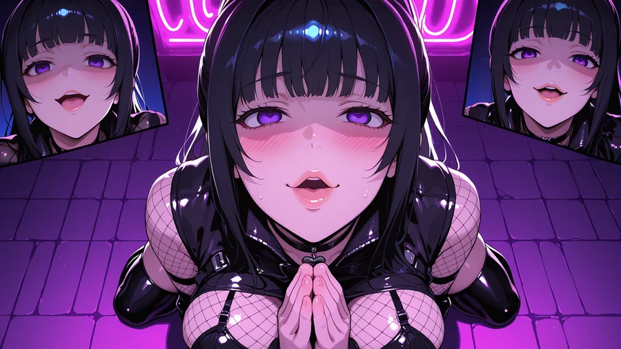Three-panel portrait of TifaChan with violet eyes and black bangs.