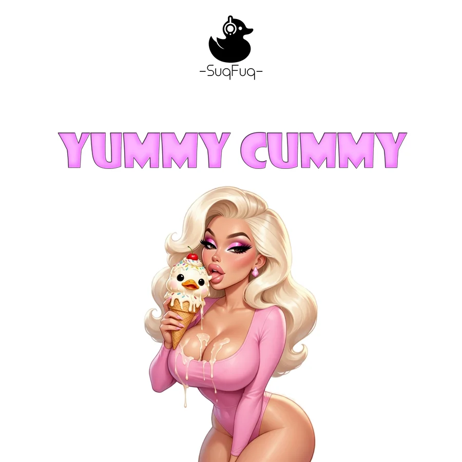Yummy Cummy cover with a blonde character holding a duck-shaped ice cream, pink lettering, and the SuqFuq logo.